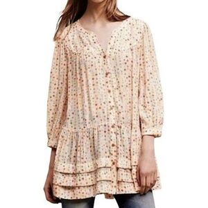 Anthropologie Maeve Paccia Ruffle Tiered Pink & Beige cottagecore Tunic Blouse M